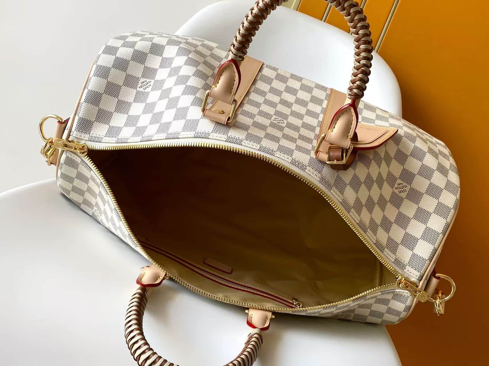 Louis Vuitton Keepall Bandoulière 45 Banana Yellow/Hazelnut Brown Damier Azur coated canvas N40909 High