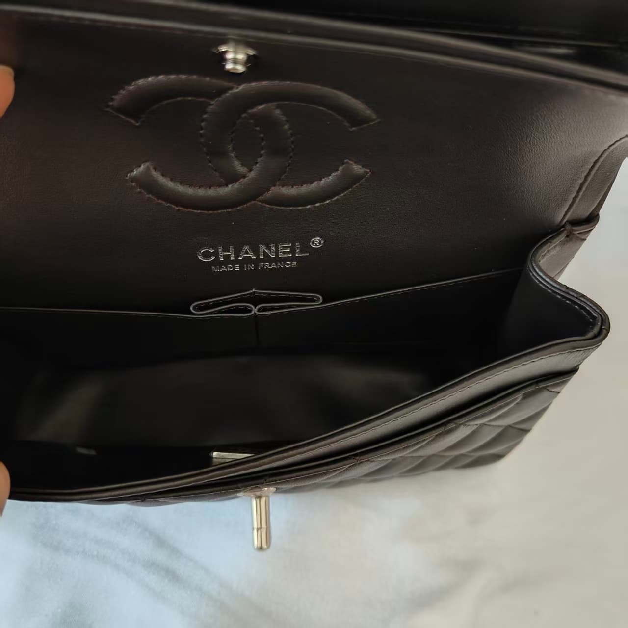 Chanel Small CLASSIC HANDBAG Lambskin Silver Metal Deep Brown A