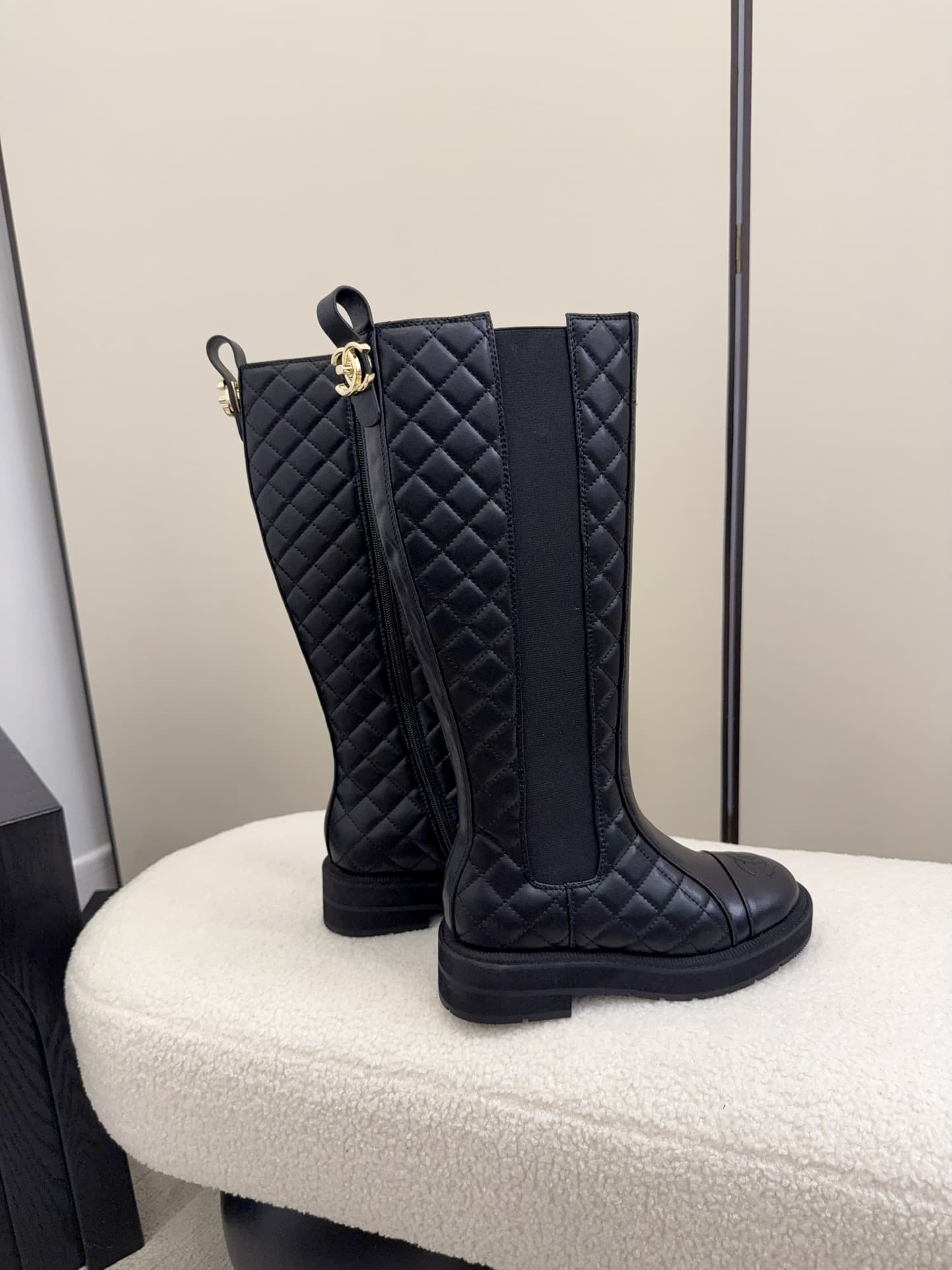 Chanel Oily Calfskin Quilted High Boots Shoes Women