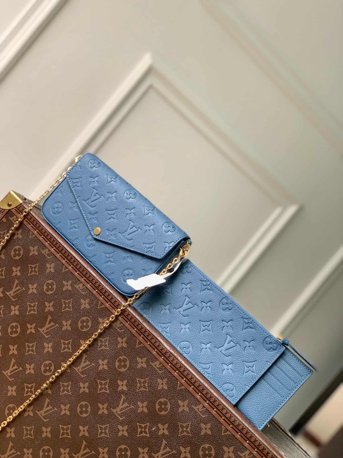 Louis Vuitton Pochette Félicie Denim Blue Embossed grained cowhide leather M28891 High