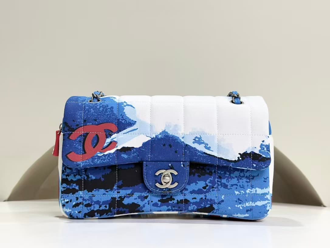 CHANEL VINTAGE Canvas Square Quilted Surf Flap Bag Blue&White Ocean Wave Print A