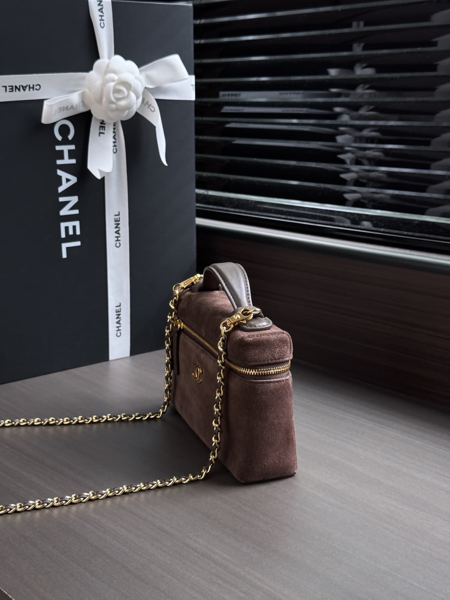Chanel Small Vanity with Chain Suede Calfskin & Gold Metal Dark Brown AP5346 A