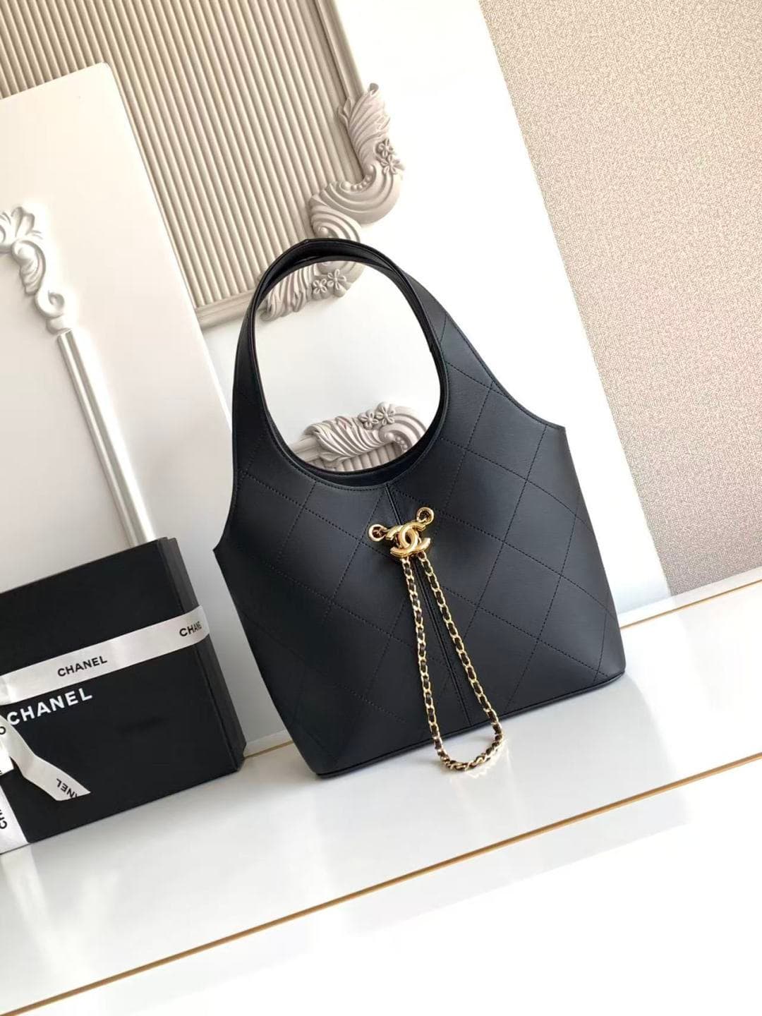 Chanel Medium Shopping Bag Black Leather & Gold-Tone Metal AS6108 A