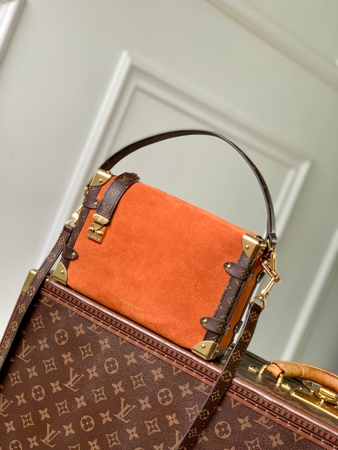 Louis Vuitton Side Trunk MM Suede calfskin leather M15072 Tan High