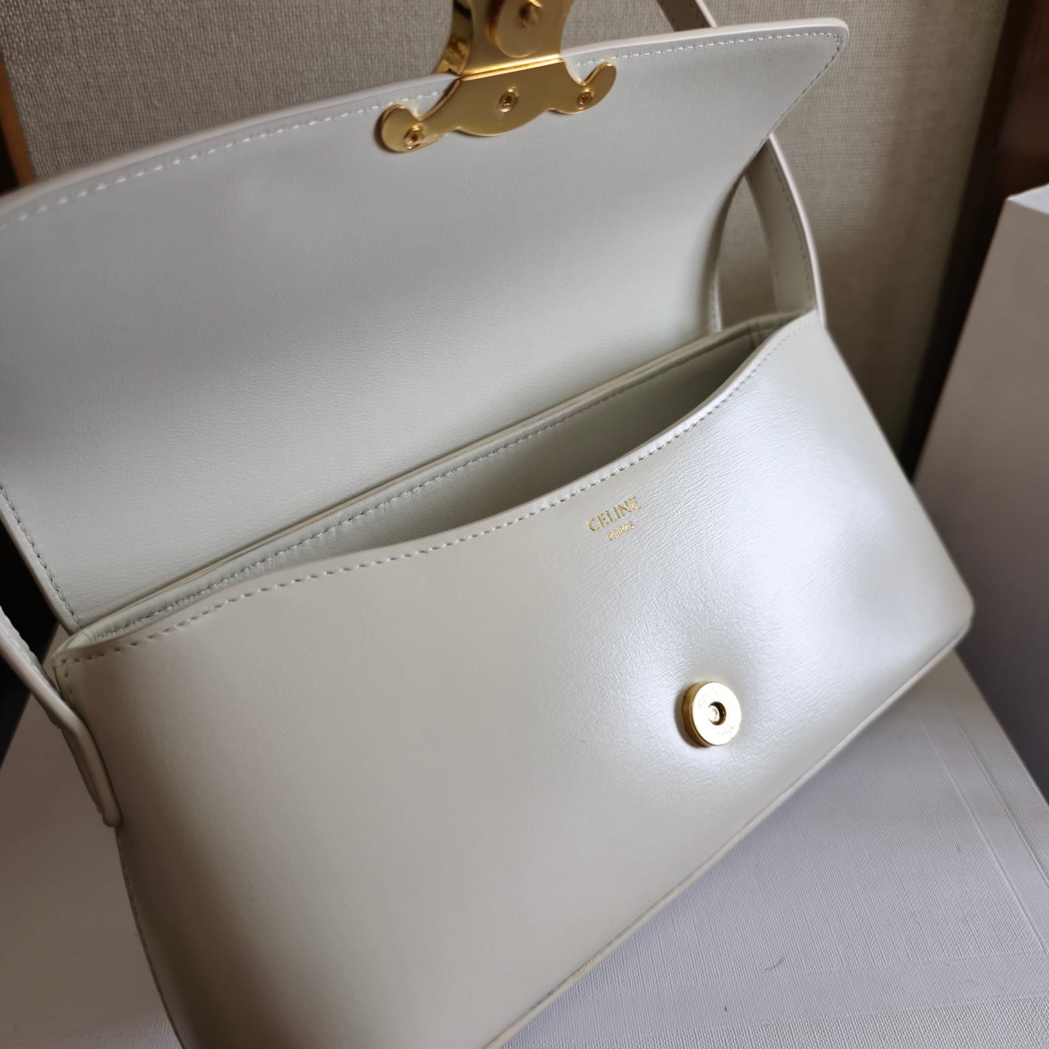Celine Triomphe Shoulder Bag in Shiny Calfskin White High