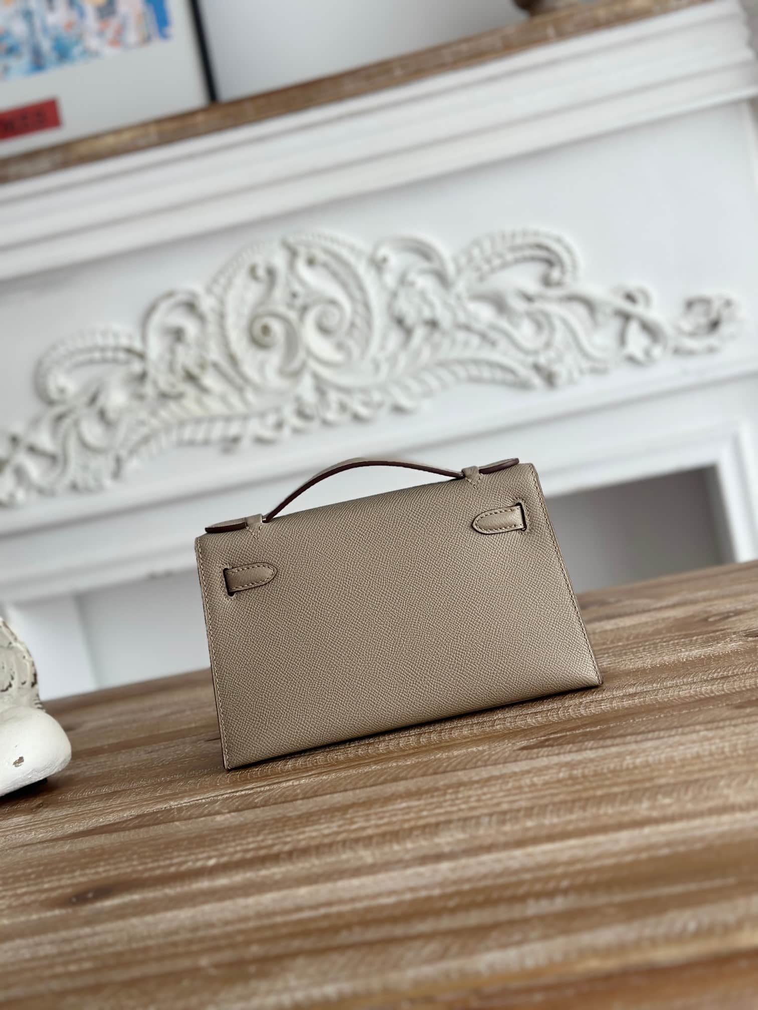Hermes Kelly Pochette Bag Epsom Leather Silver/Gold Metal Trench WAX High
