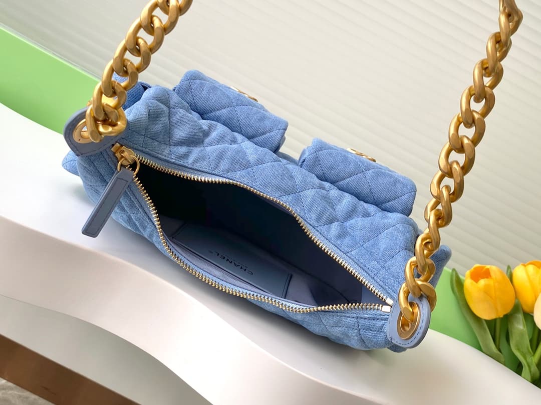 Chanel Trendy Pockets Hobo Bag Denim & Gold Metal Blue AS5339 A