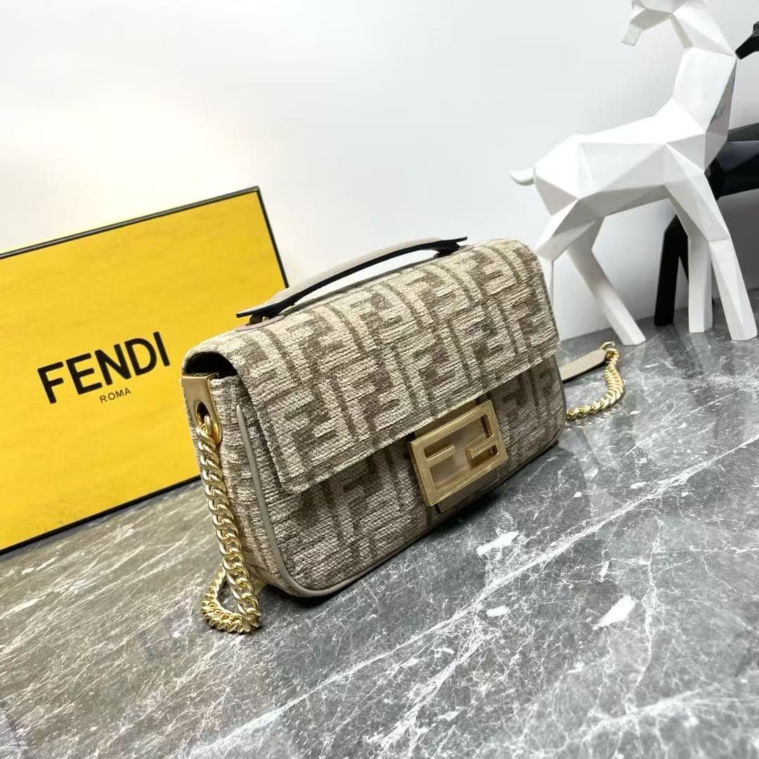 Fendi Baguette Chain Midi Bag In Light Beige Denim-Effect FF Jacquard Fabric High