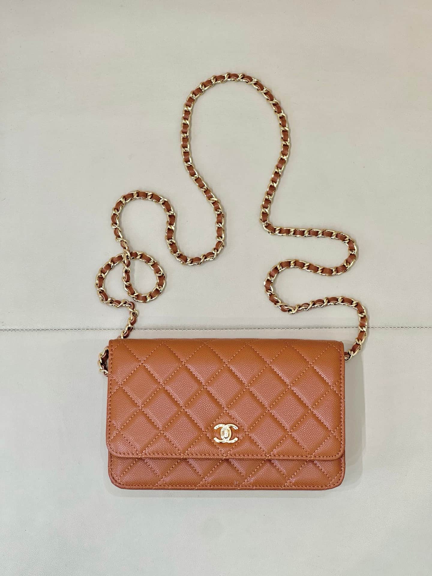 Chanel Classic Wallet on Chain Grained Shiny Calfskin& Gold-Tone Metal AP4241 Caramel TOP