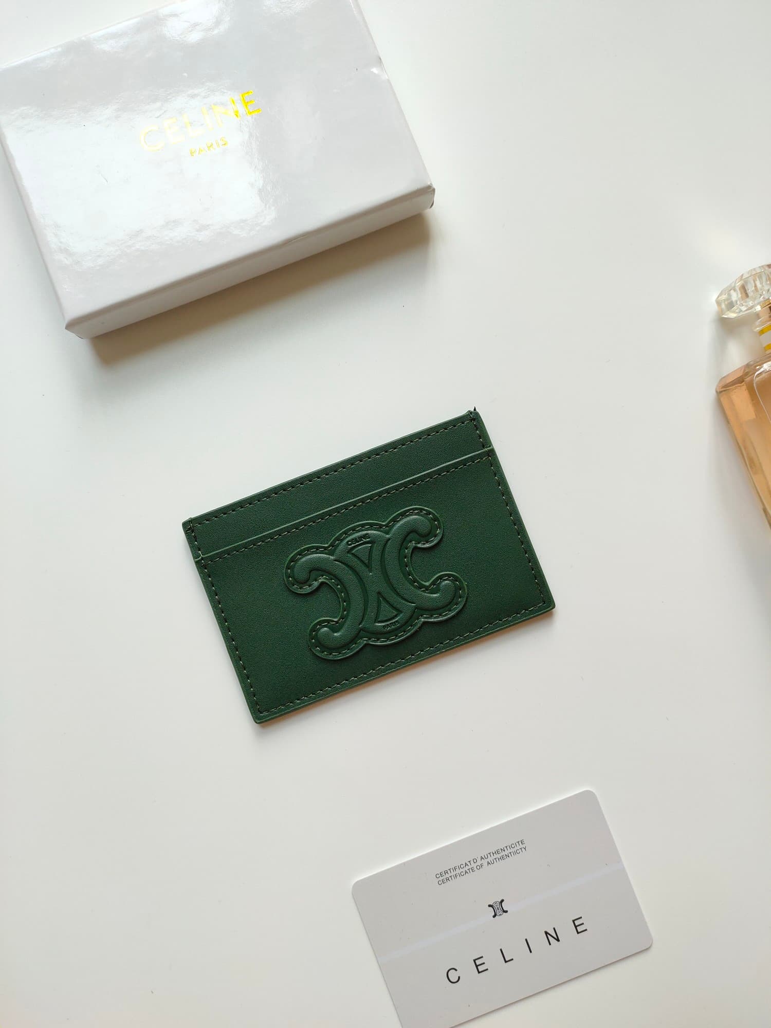 Celine Triomphe card holder in green shiny calfskin leather 10B703 High