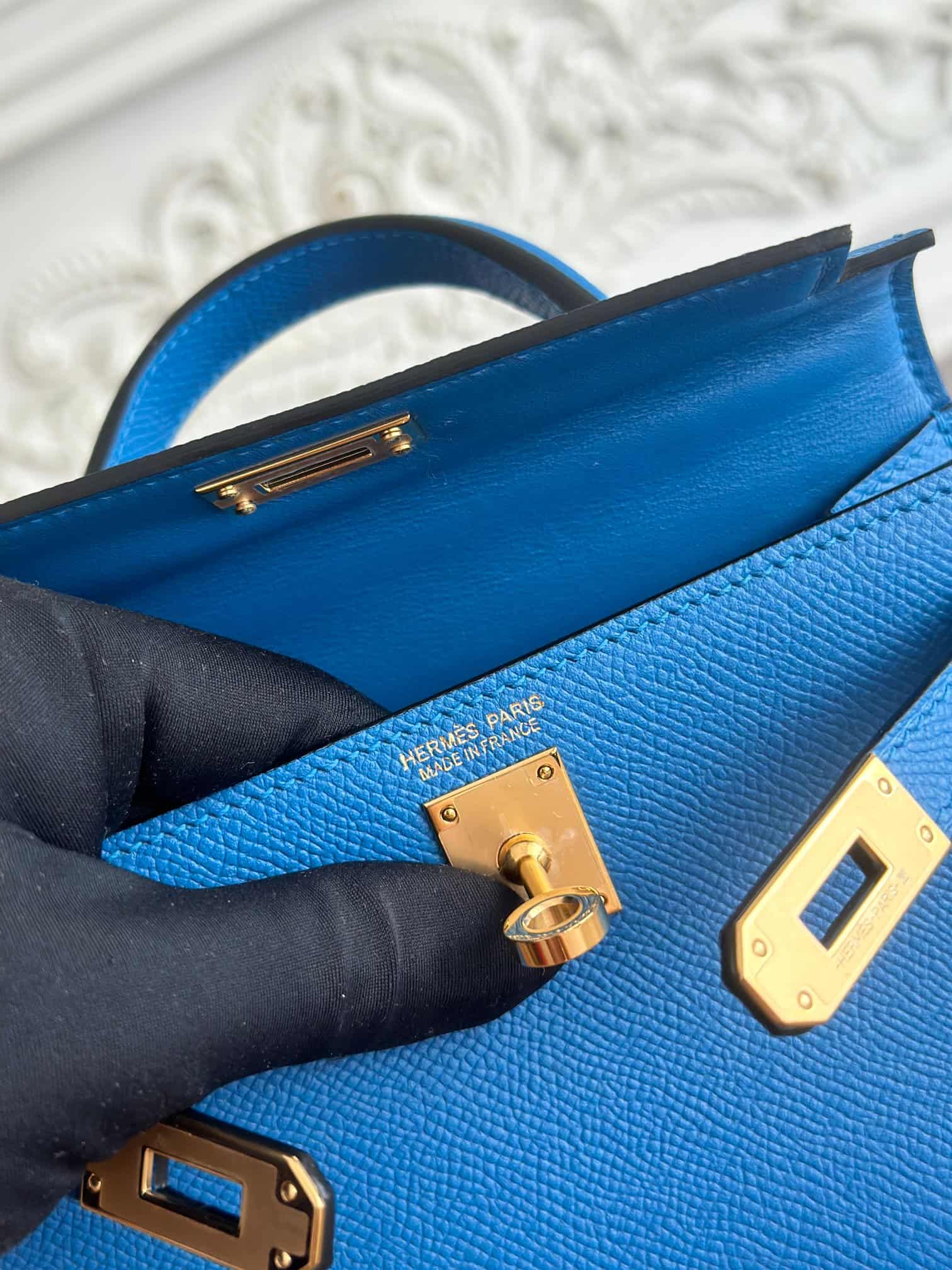 Hermes Kelly Mini II Bag Epsom Leather WAX Bleu Hydra High