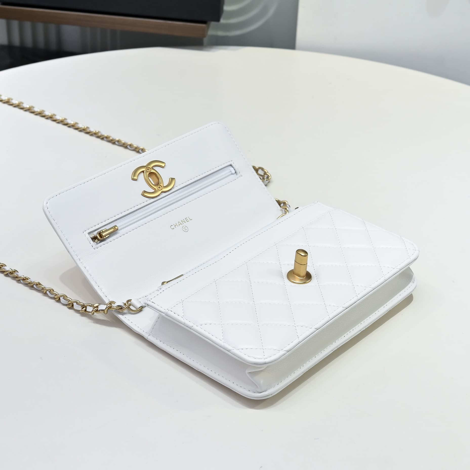 Chanel Wallet on Chain Quilted Leather & Gold-Tone Metal White AP3938 High