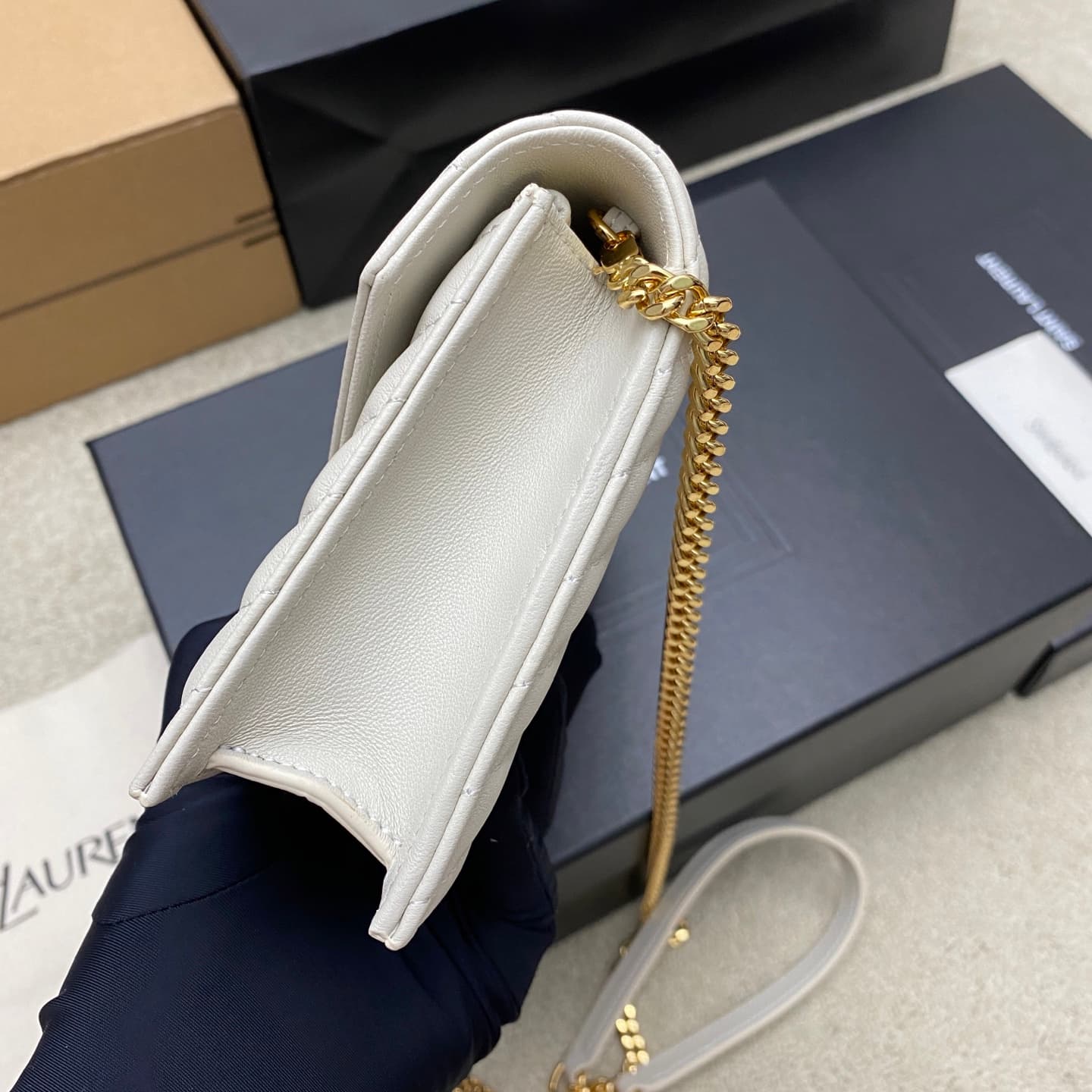 Saint Laurent Monogram Matelassé Cassandre Wallet on Chain White Lambskin 393953 High