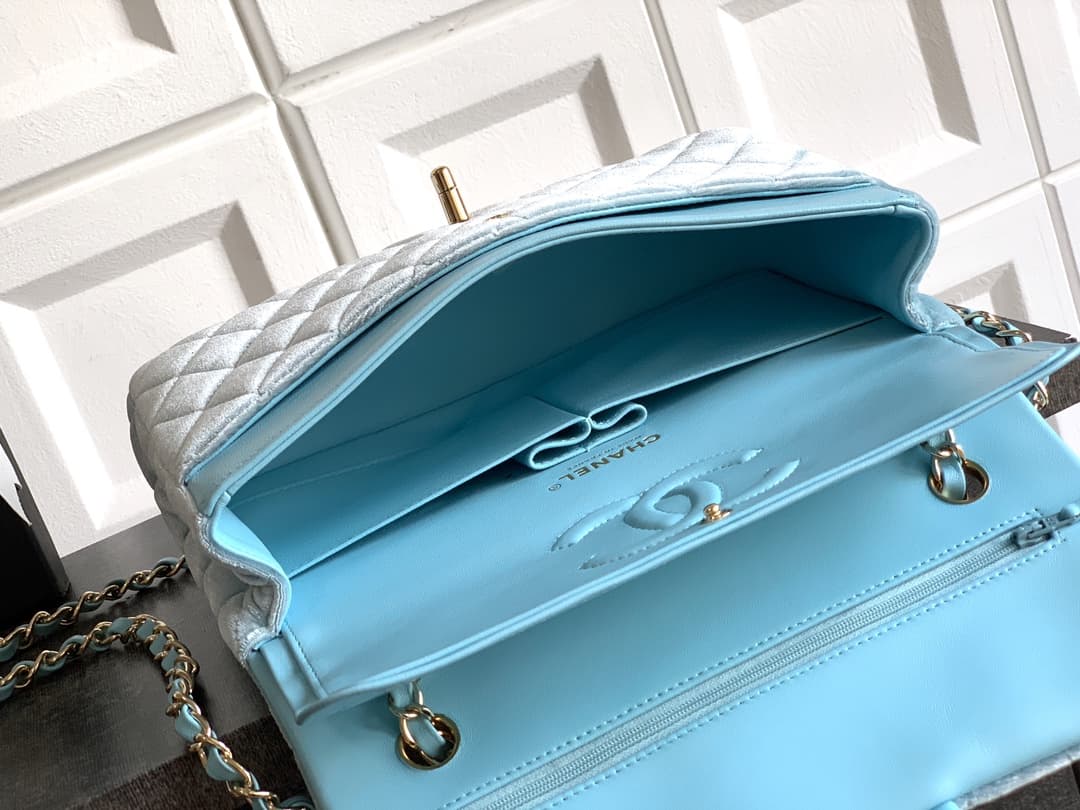 Chanel Medium CLASSIC HANDBAG Velvet  & Gold-Tone Metal Light Blue A