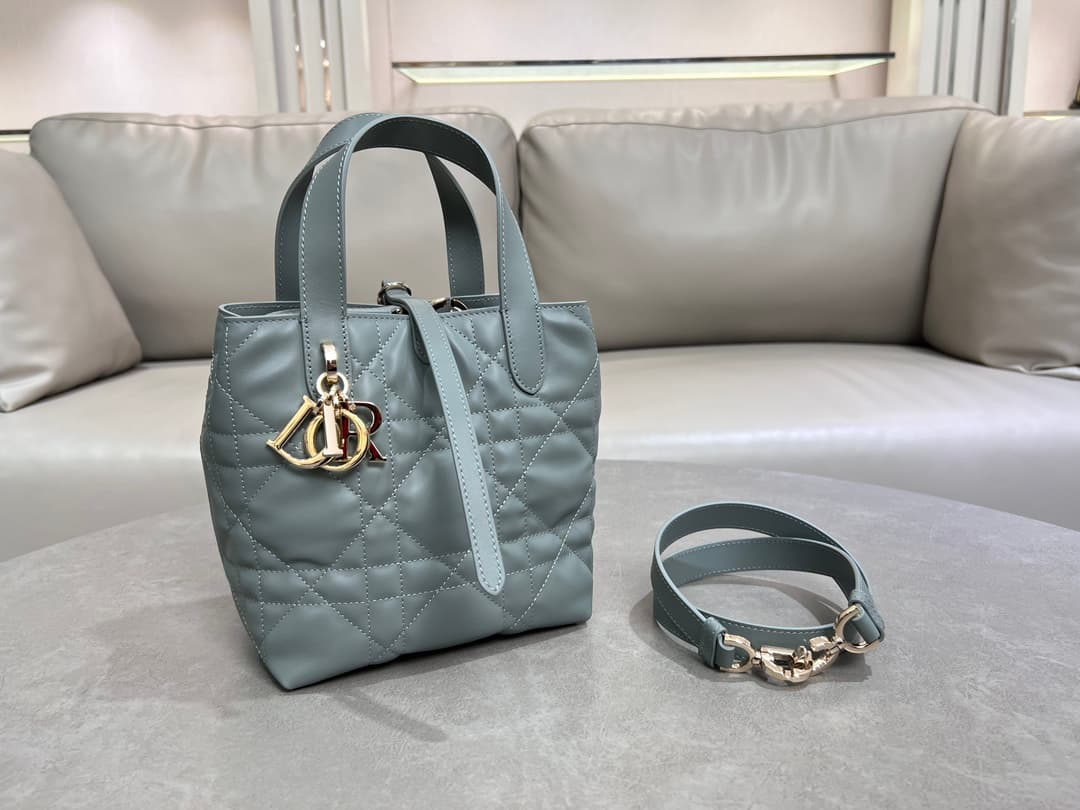 Small Dior Toujours Vertical Tote Bag Bleu Tourmaline Macrocannage Calfskin M2835 High