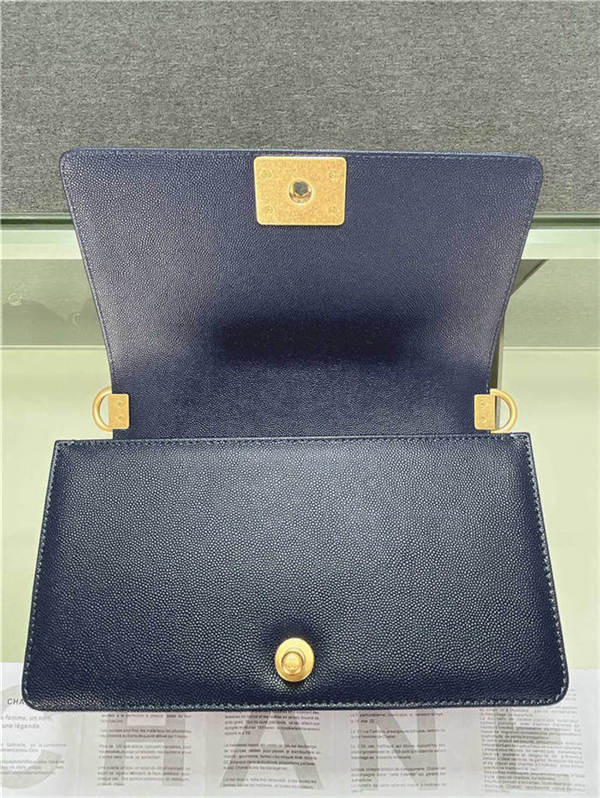 BOY Chanel HANDBAG Grained Calfskin Navy Blue Matt-Gold Metal High