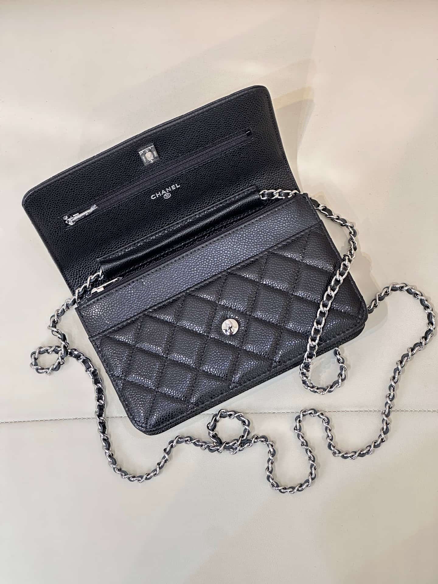 Chanel Classic Wallet on Chain Grained Shiny Calfskin & Silver-Tone Metal AP4241 Black TOP