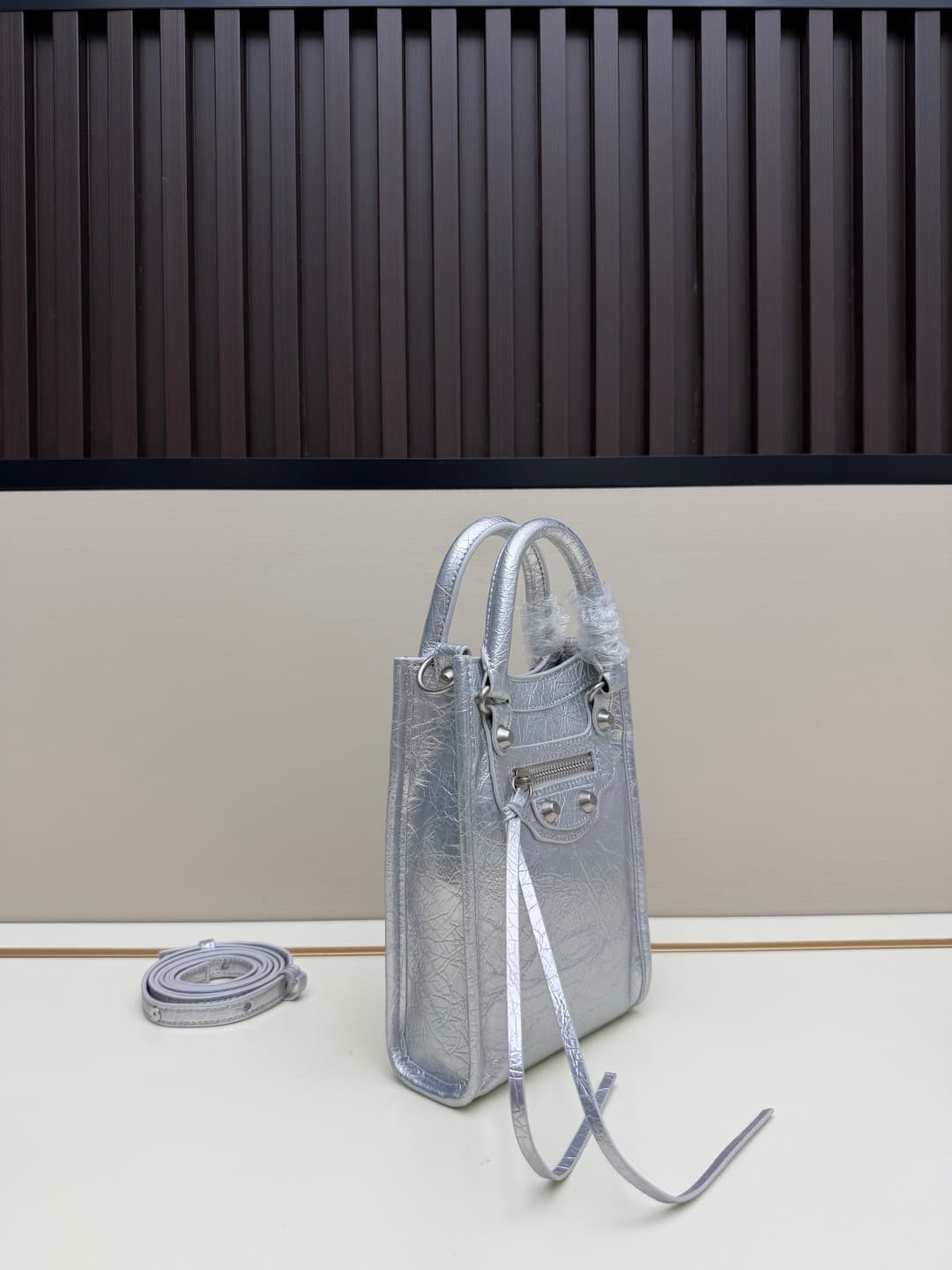 Balenciaga Le City Leather Tote Phone Holder Silver High