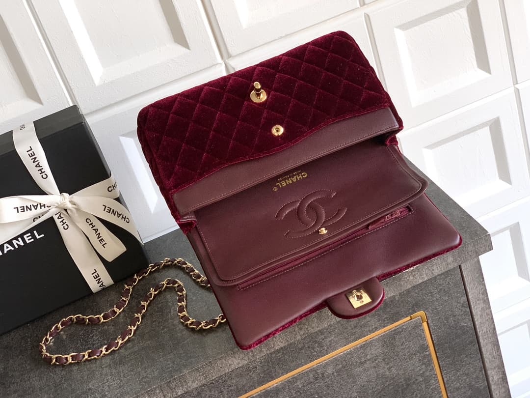 Chanel Medium CLASSIC HANDBAG Velvet  & Gold-Tone Metal Dark Brown A