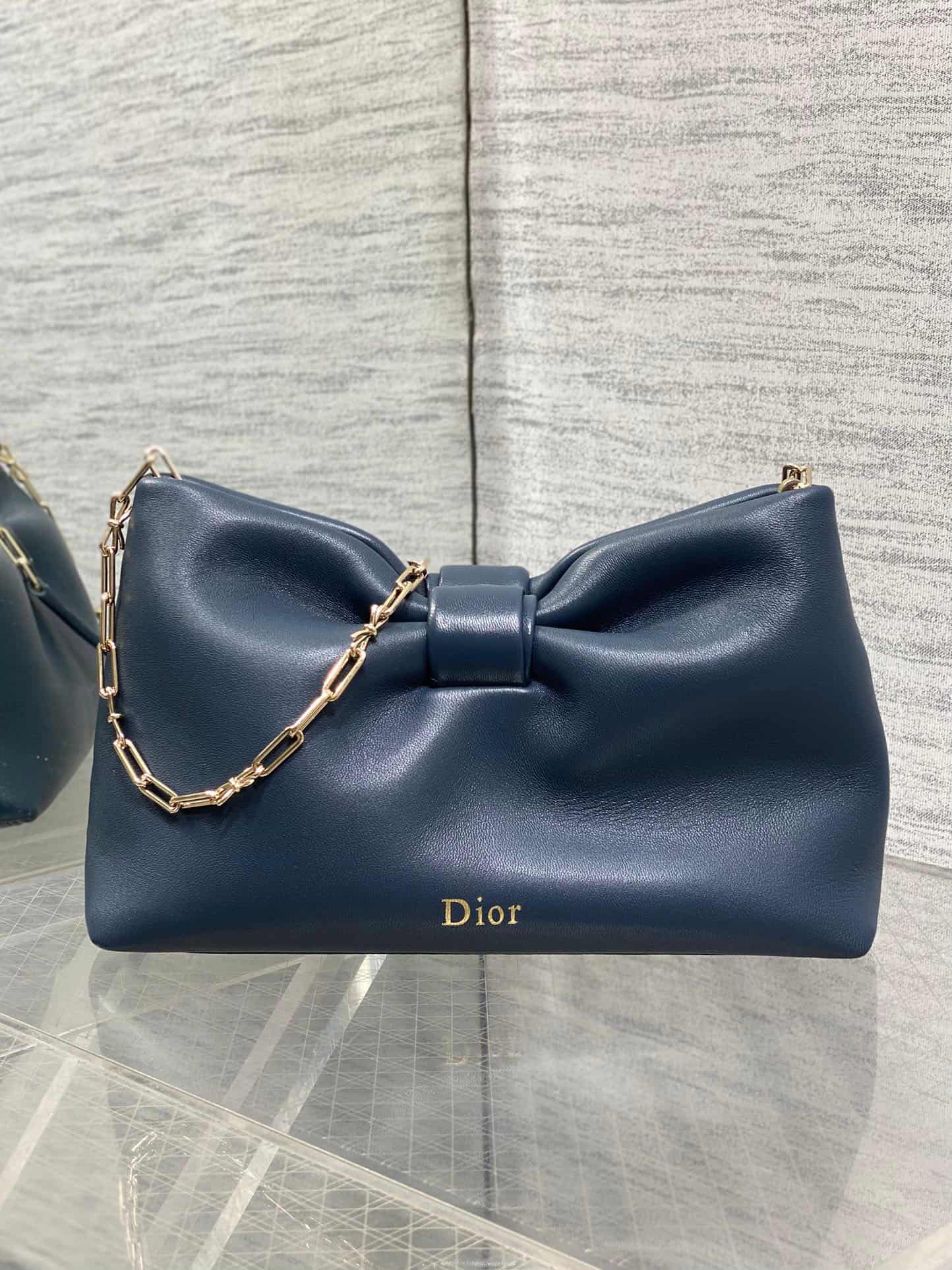 Small Dior Bow Bag Navy Blue Leather High