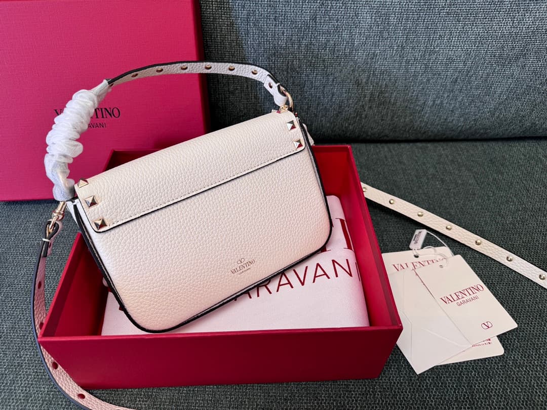 Valentino Garavani Mini Rockstud Grainy Leather Crossbody Bag in White High