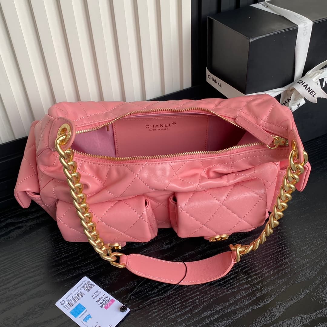 Chanel Trendy Pockets Hobo Bag Lambskin & Gold Metal Pink AS5302 A