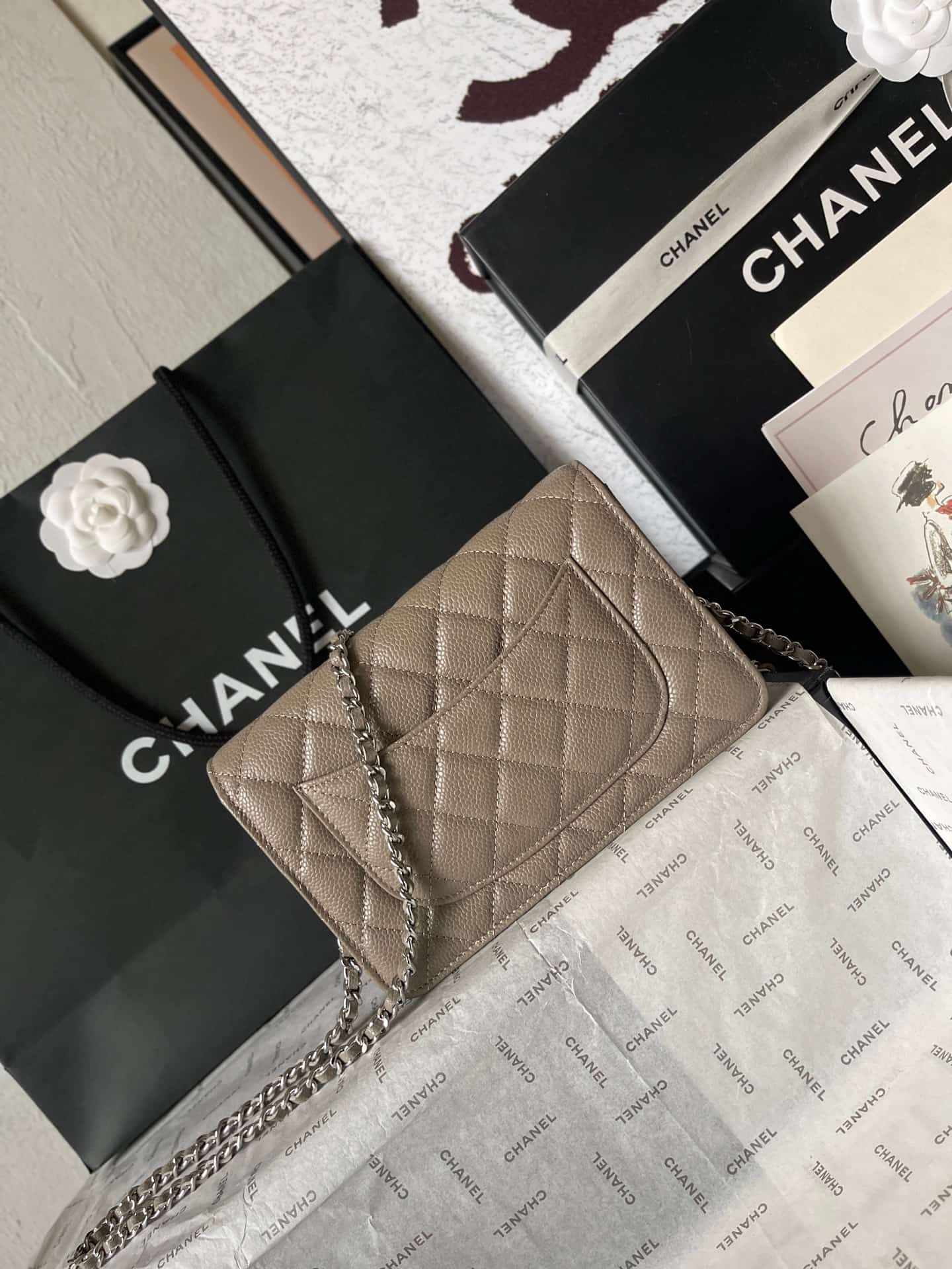 Chanel Classic Wallet on Chain Grained Shiny Calfskin & Silver-Tone Metal AP4241 Grey A