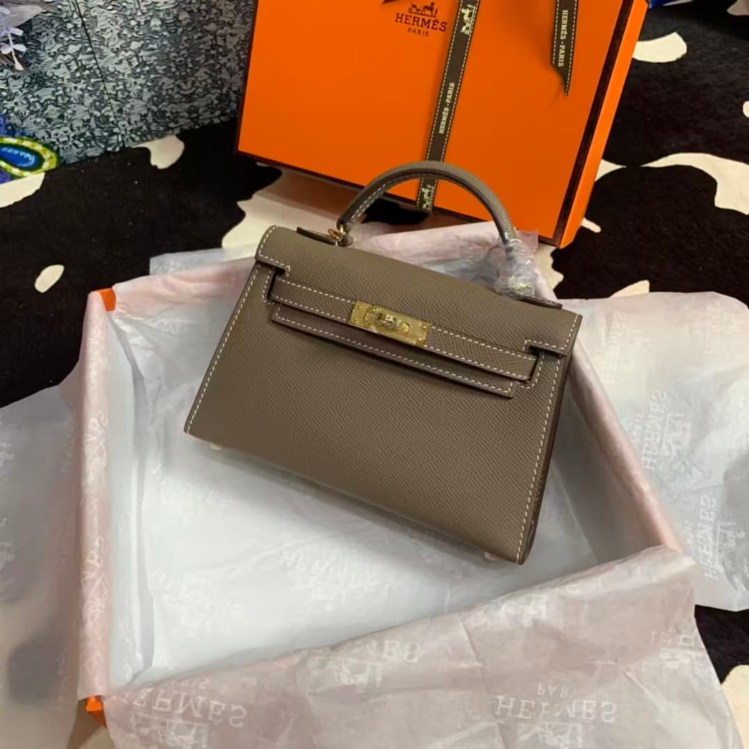 Hermes Kelly Mini II Bag Epsom Leather WAX Silver/Gold Metal Etoupe High