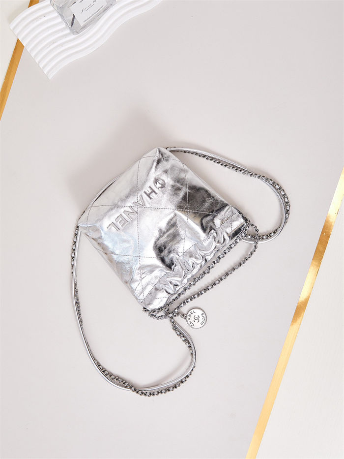Chanel 22 MINI HANDBAG Metallic Calfskin & Silver-Tone Metal Silver AS3980 A