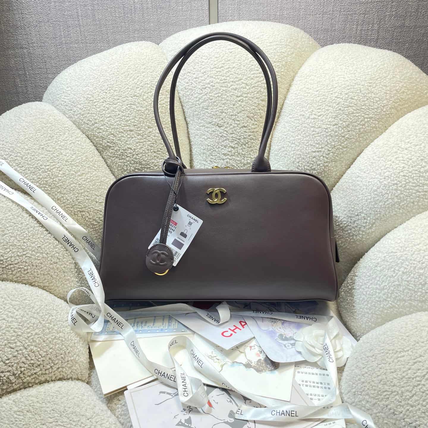 Chanel Maxi Bowling Bag Calfskin & Gold-Tone Metal Dark Brown AS6211 A