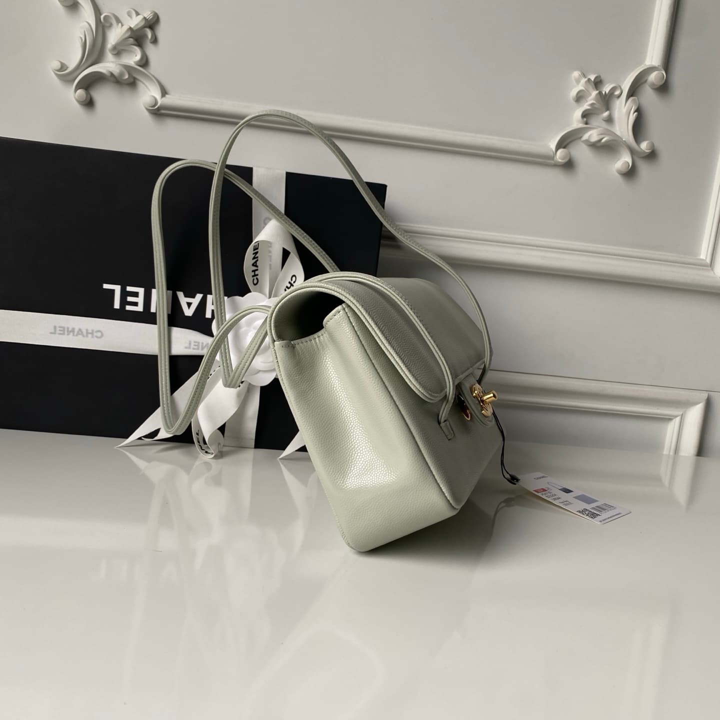 Chanel Small Flap Bag Grained Shiny Calfskin & Gold-Tone Metal AS6130 Gray-green High