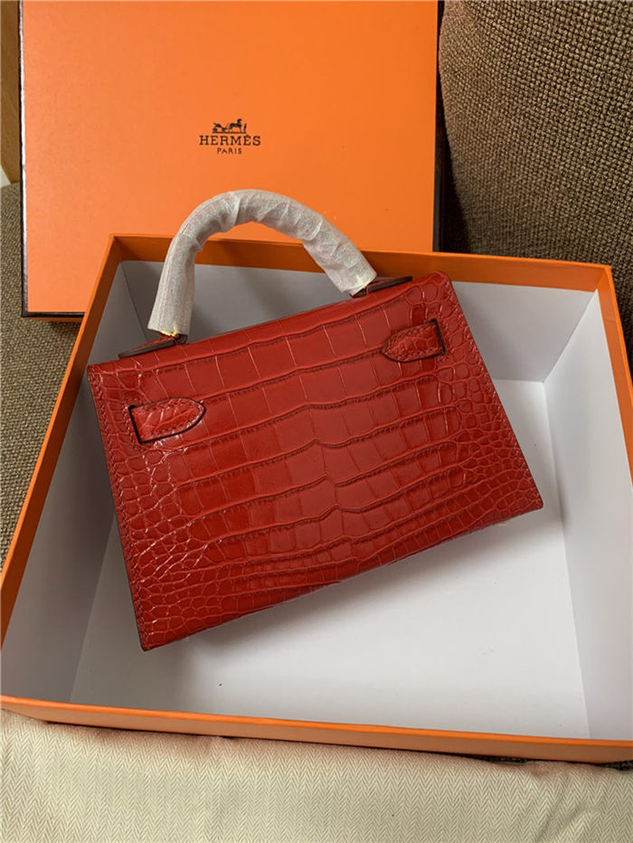 Hermes Kelly Mini II Bag Embossed Crocodile Leather WAX Silver/Gold Metal High Customizing style
