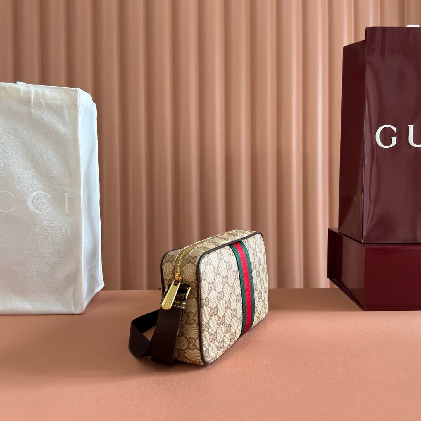 Gucci GG mini bag with Web Sand and dark brown GG coated canvas 876391 High