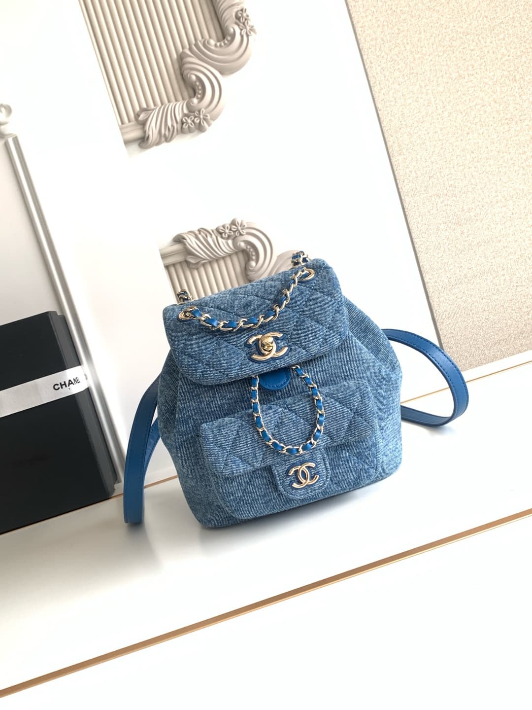 Chanel Small Backpack Washed Denim & Gold-Tone Metal Blue AS2908 A