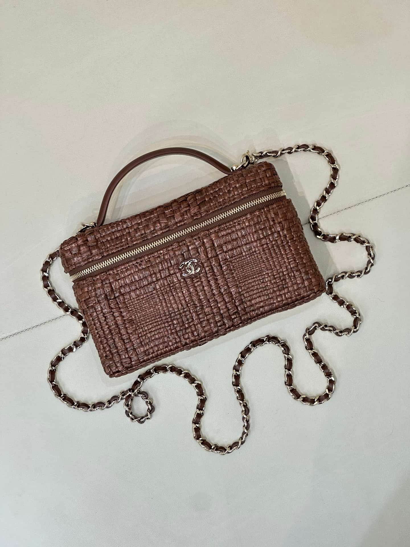 Chanel Classic Vanity with Chain Braided Raffia & Gold-Tone Metal Brown AP4385 TOP