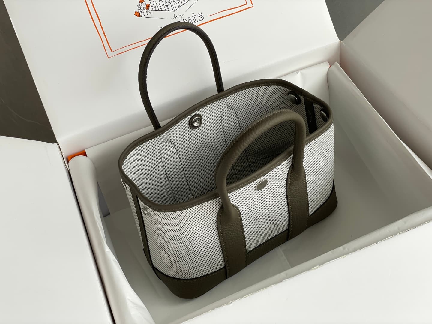 Hermes Garden Party 23 bag in Gris Meyer Togo Leather With Canvas WAX High