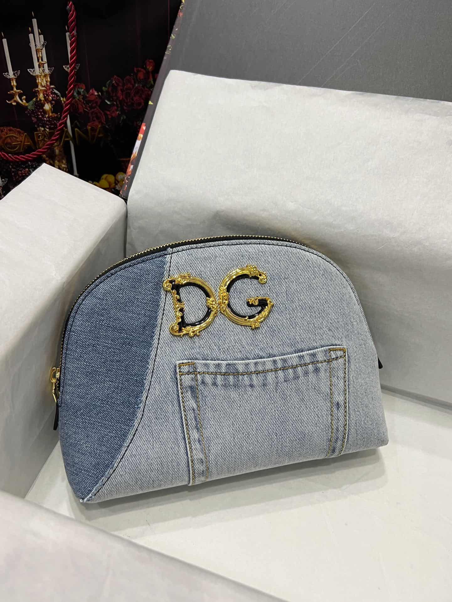 Dolce & Gabbana DG Girls patchwork denim cosmetic pouch in blue high