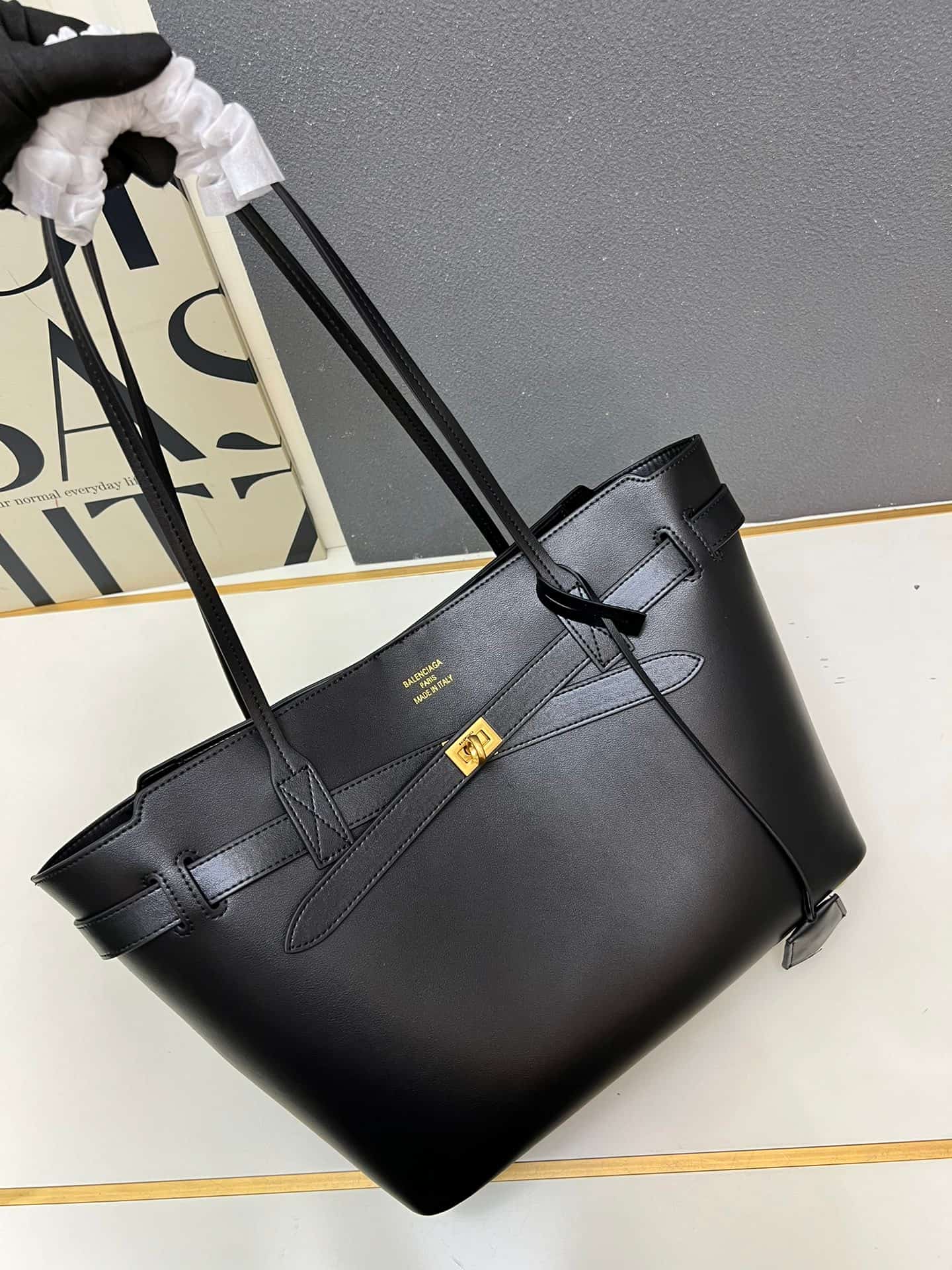 Balenciaga Bel Air Tote Bag Large in black smooth calfskin gold hardware 1W5047 High