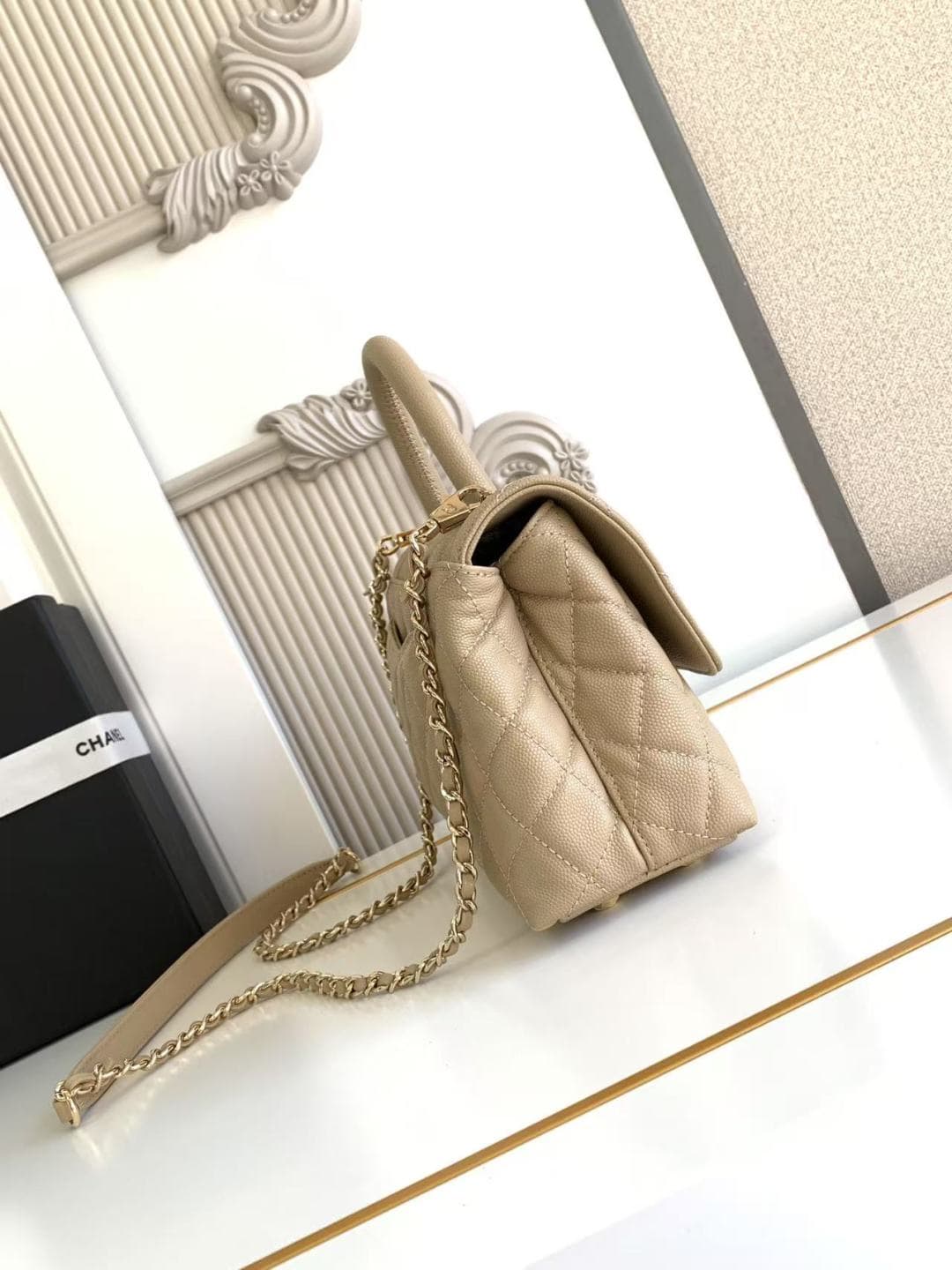 FLAP BAG WITH TOP HANDLE Grained Calfskin & Gold-Tone Metal A92990 Champagne Binding A