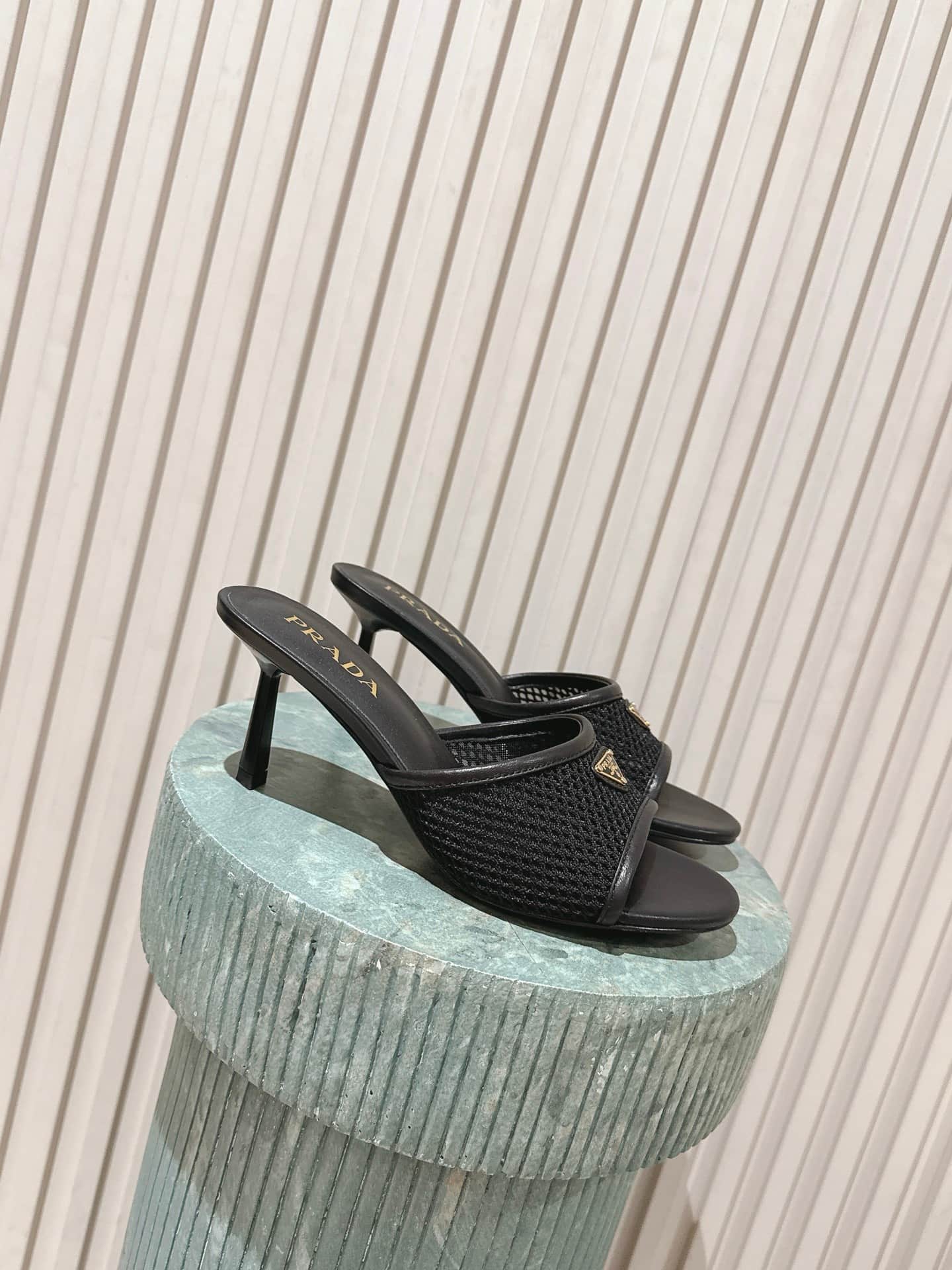 Prada Triangle Logo Mesh Slide Sandals