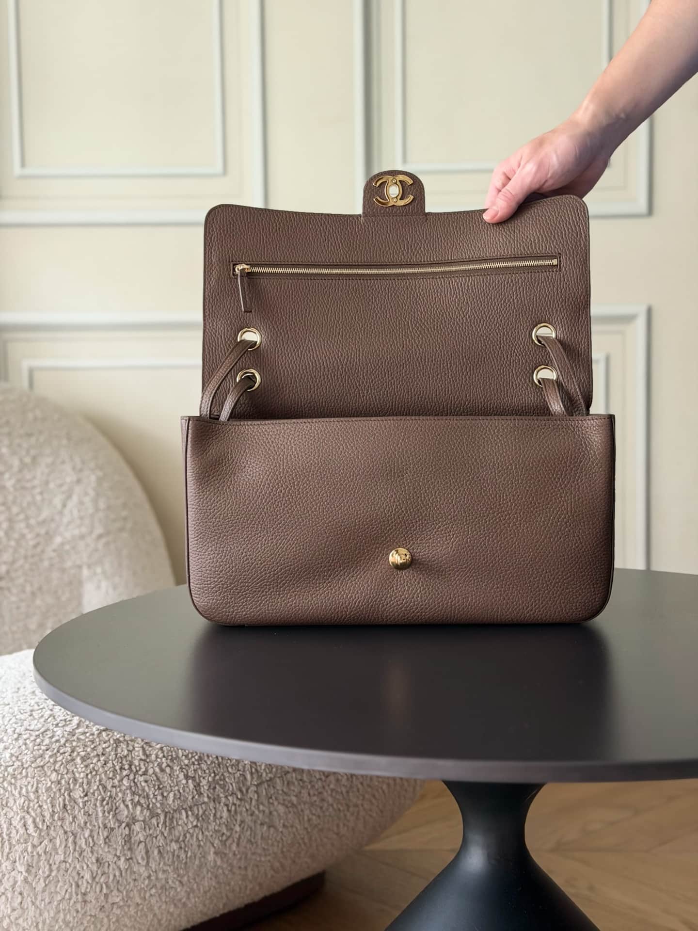 Chanel Maxi Flapbag Grained Calfskin & Gold-Tone Metal Brown AS6231 A