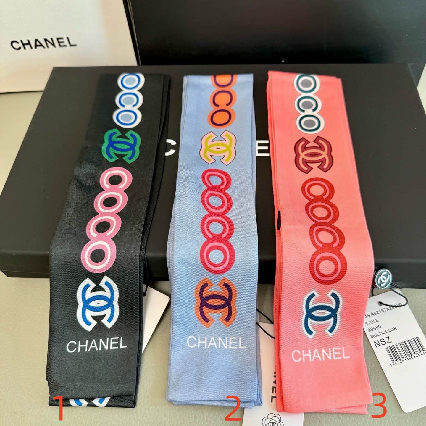 Chanel Black Silk Bandeau Slim Scarf