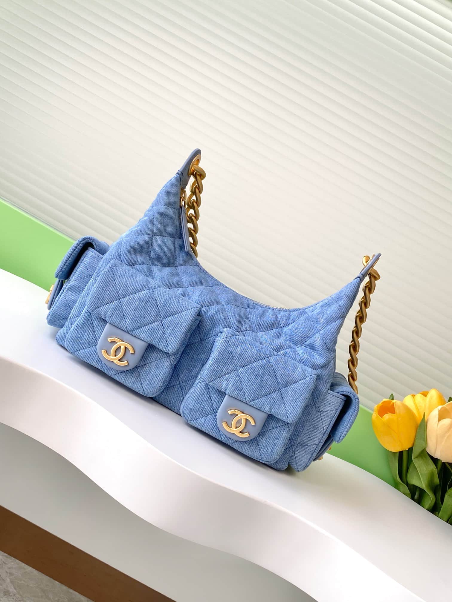 Chanel Trendy Pockets Hobo Bag Denim & Gold Metal Blue AS5339 A