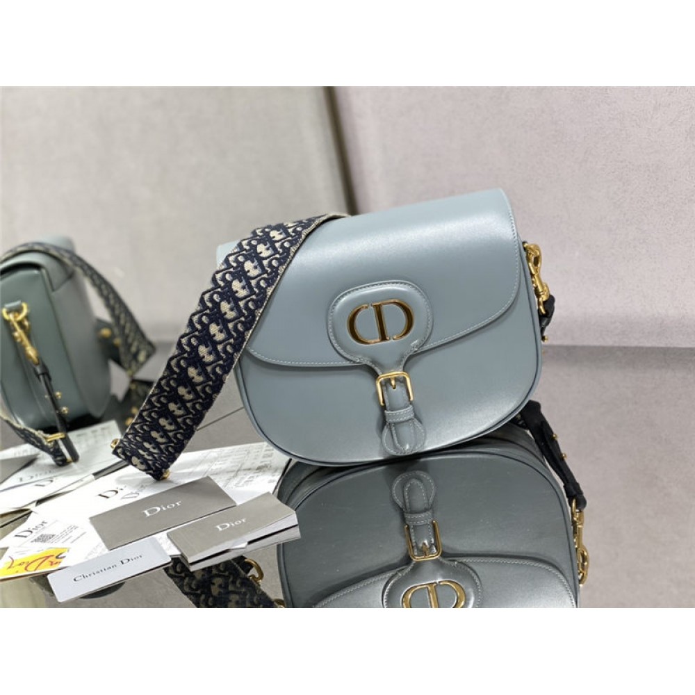 LARGE Dior BOBBY BAG Box Calfskin with Blue Dior Oblique Embroidered Strap Cloud Blue High