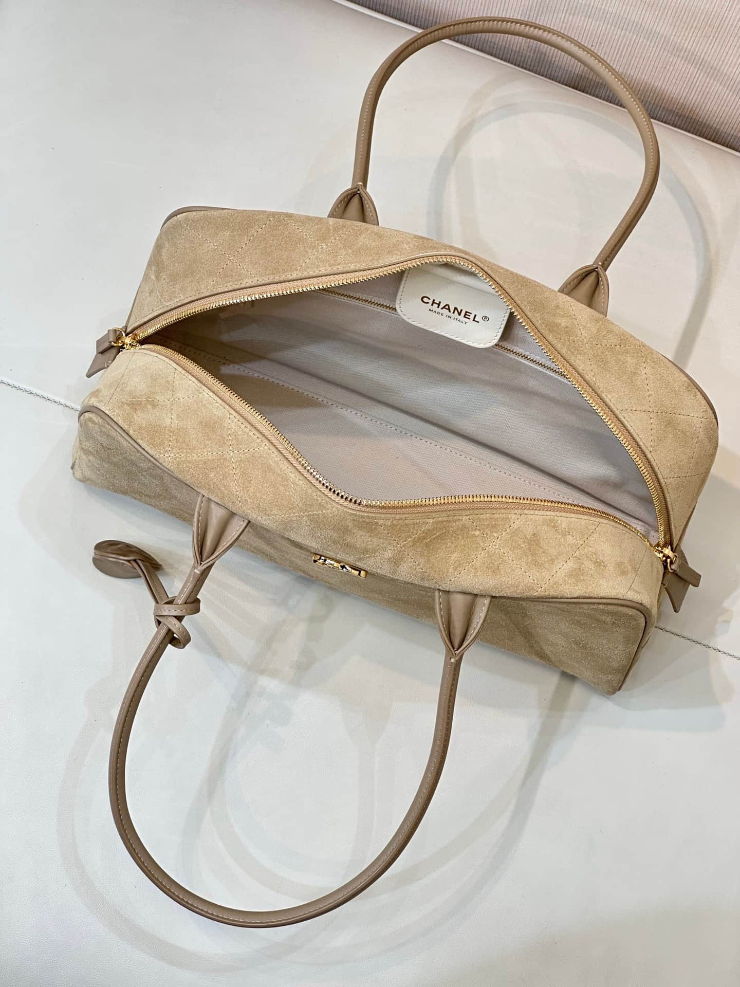 Chanel Bowling Bag Suede Calfskin Calfskin & Gold-Tone Metal Dark Beige TOP