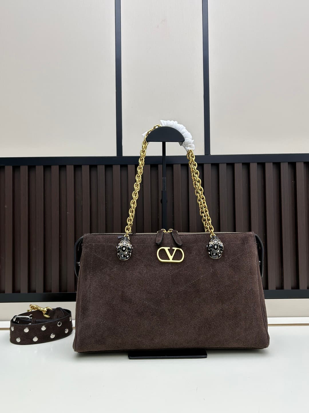 Valentino VLogo Garavani Panthea Shoulder Bag Dark Coffee Suede Mid