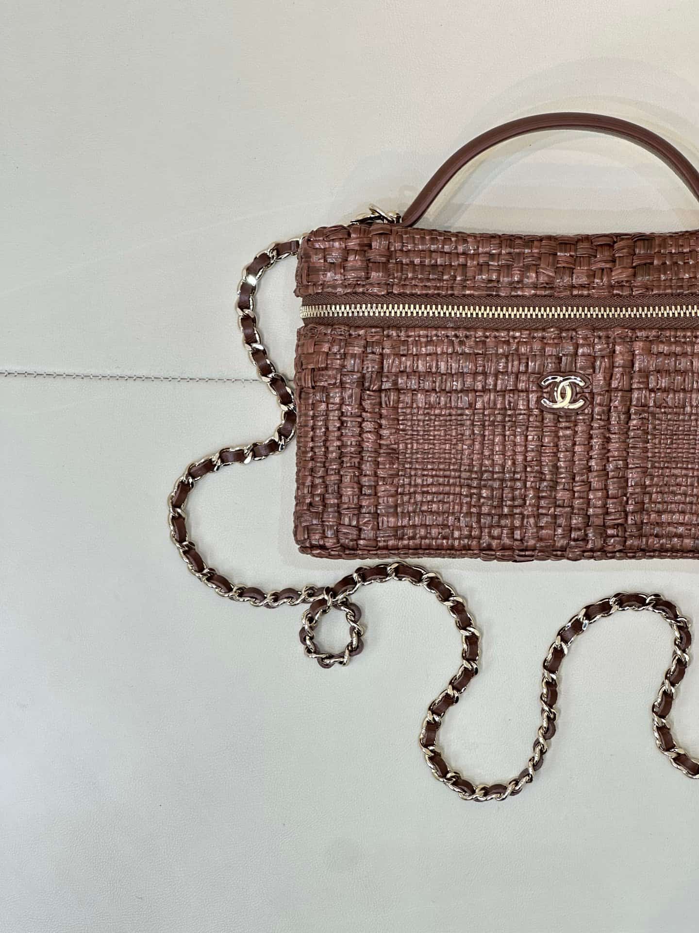 Chanel Classic Vanity with Chain Braided Raffia & Gold-Tone Metal Brown AP4385 TOP