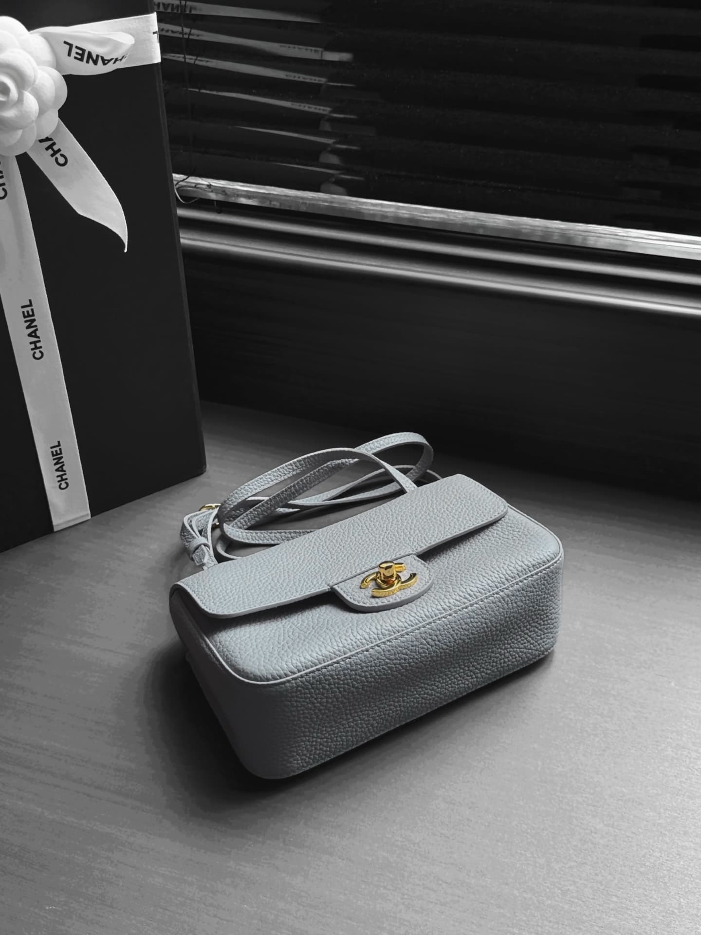 CHANEL Mini flap bag Grained Calfskin&Gold-tone metal Grey AS6573 A