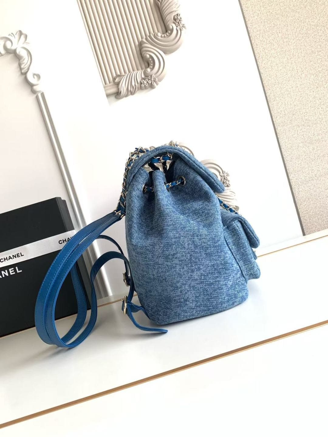 Chanel Large Backpack Washed Denim & Gold-Tone Metal Blue AS3618 A