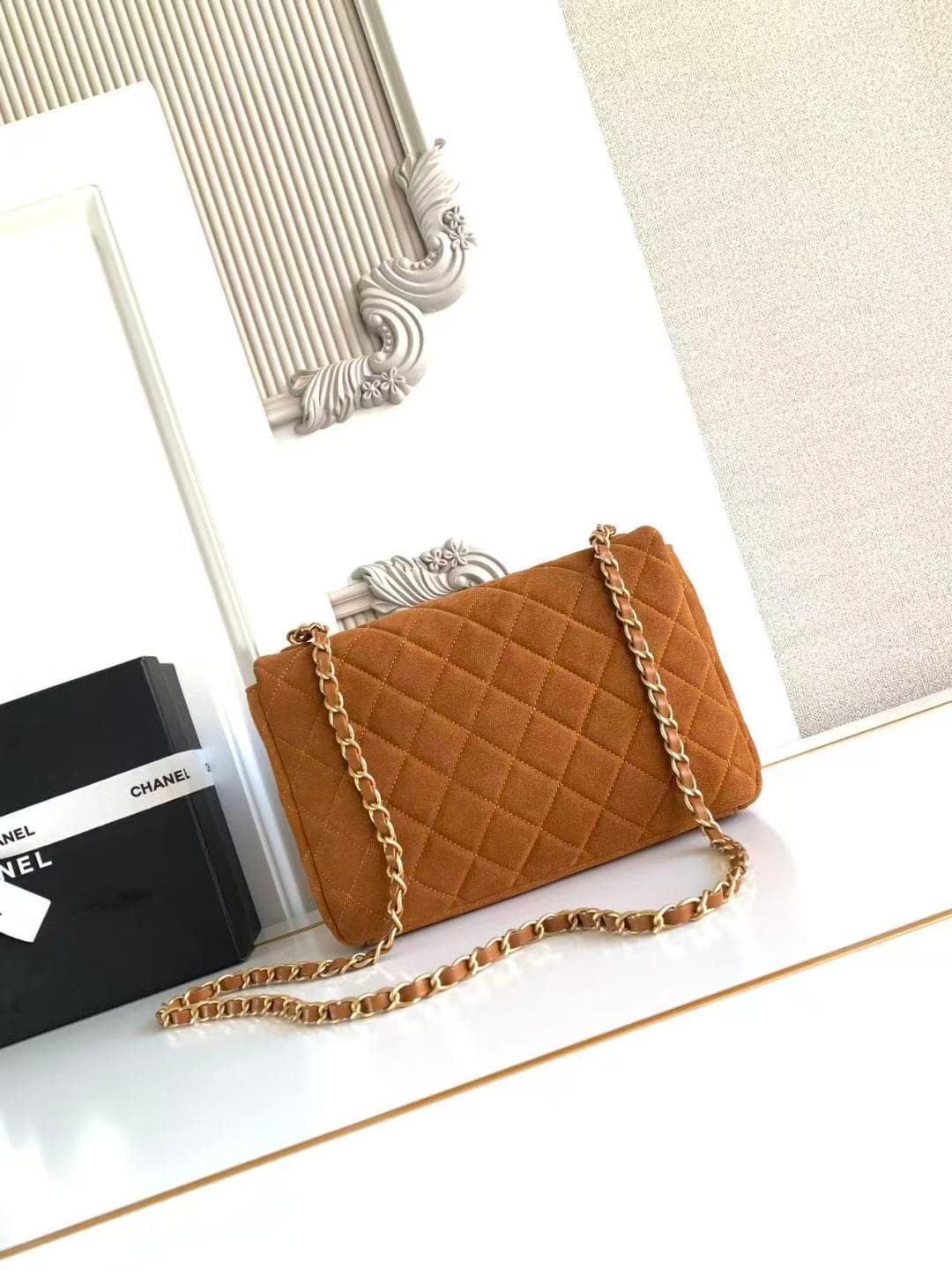Chanel Classic Flap bag in Tan Suede & Gold-Tone Metal AS5987 A